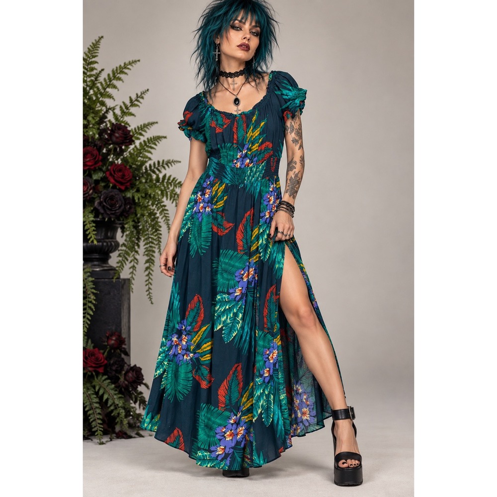 Patrons of Peace Teal Tropical Floral Smocked Waist Maxi Dress Side Slit L